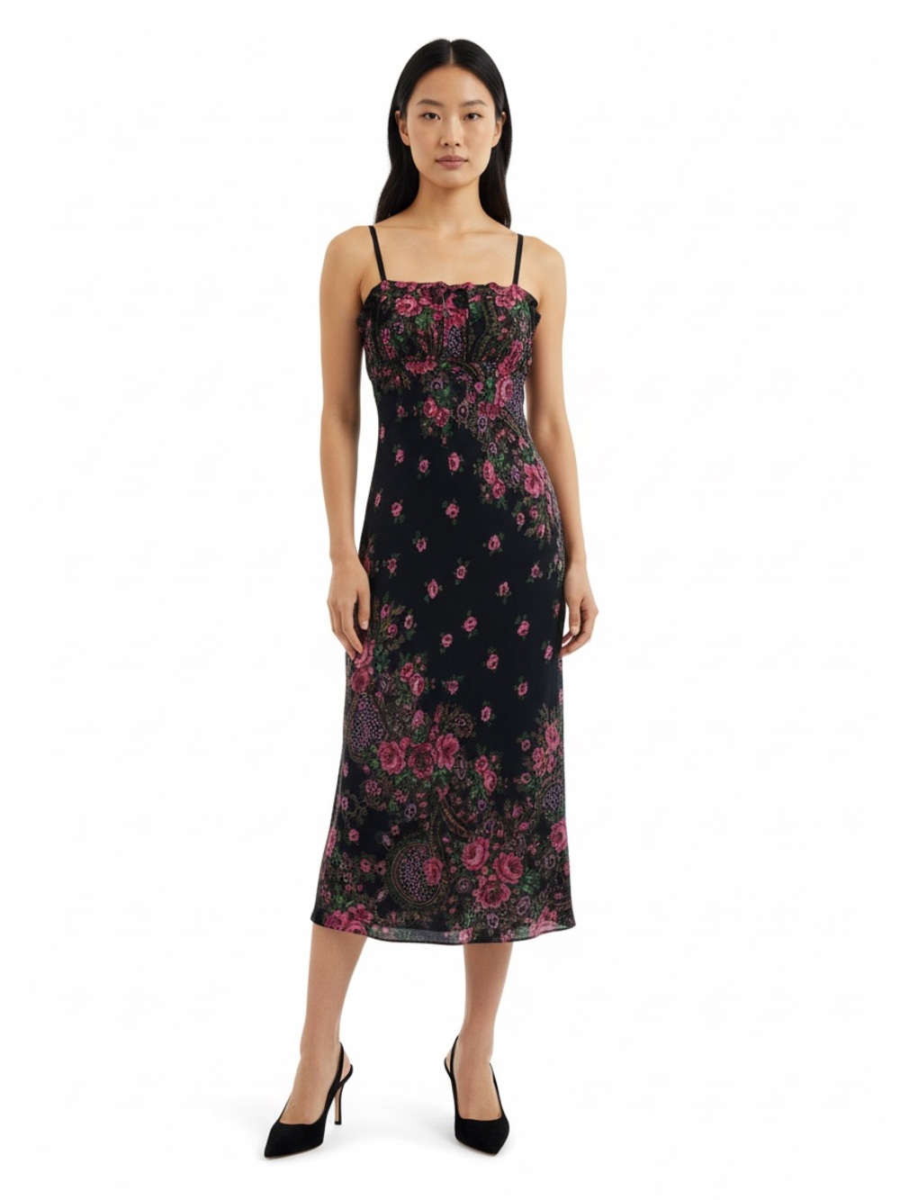 Vintage Betsy Johnson Small Floral Black Maxi Dress with Pink Rose Print - Picture 4 of 4